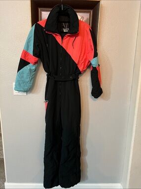 RAVEN Vintage 80s Color-Block One-Piece Ski Suit Black/Neon Pink & Blue Women 6